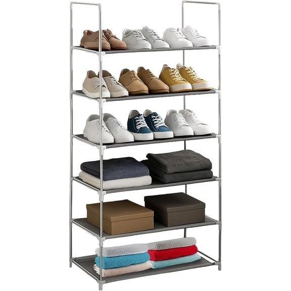 Rack Multifuncional De 6 Niveles Zapatera Closet Plegable para Calzado Y Prendas De Vestir Estante Organizador Ajustable Armario Multiusos Mueble Rack Apilable Recamara (Gris)