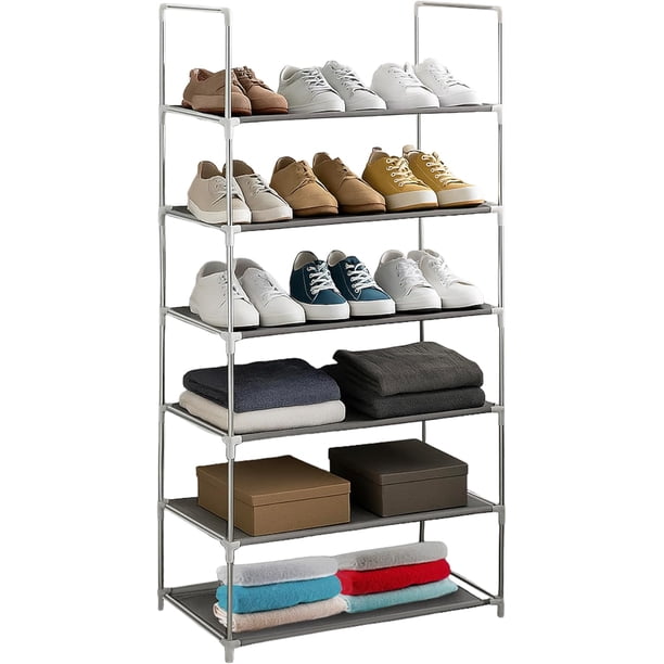 Rack Multifuncional De 6 Niveles Zapatera Closet Plegable para Calzado Y Prendas De Vestir Estante Organizador Ajustable Armario Multiusos Mueble Rack Apilable Recamara (Gris)