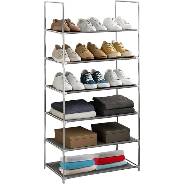 Rack Multifuncional De 6 Niveles Zapatera Closet Plegable para Calzado Y Prendas De Vestir Estante Organizador Ajustable Armario Multiusos Mueble Rack Apilable Recamara (Gris)