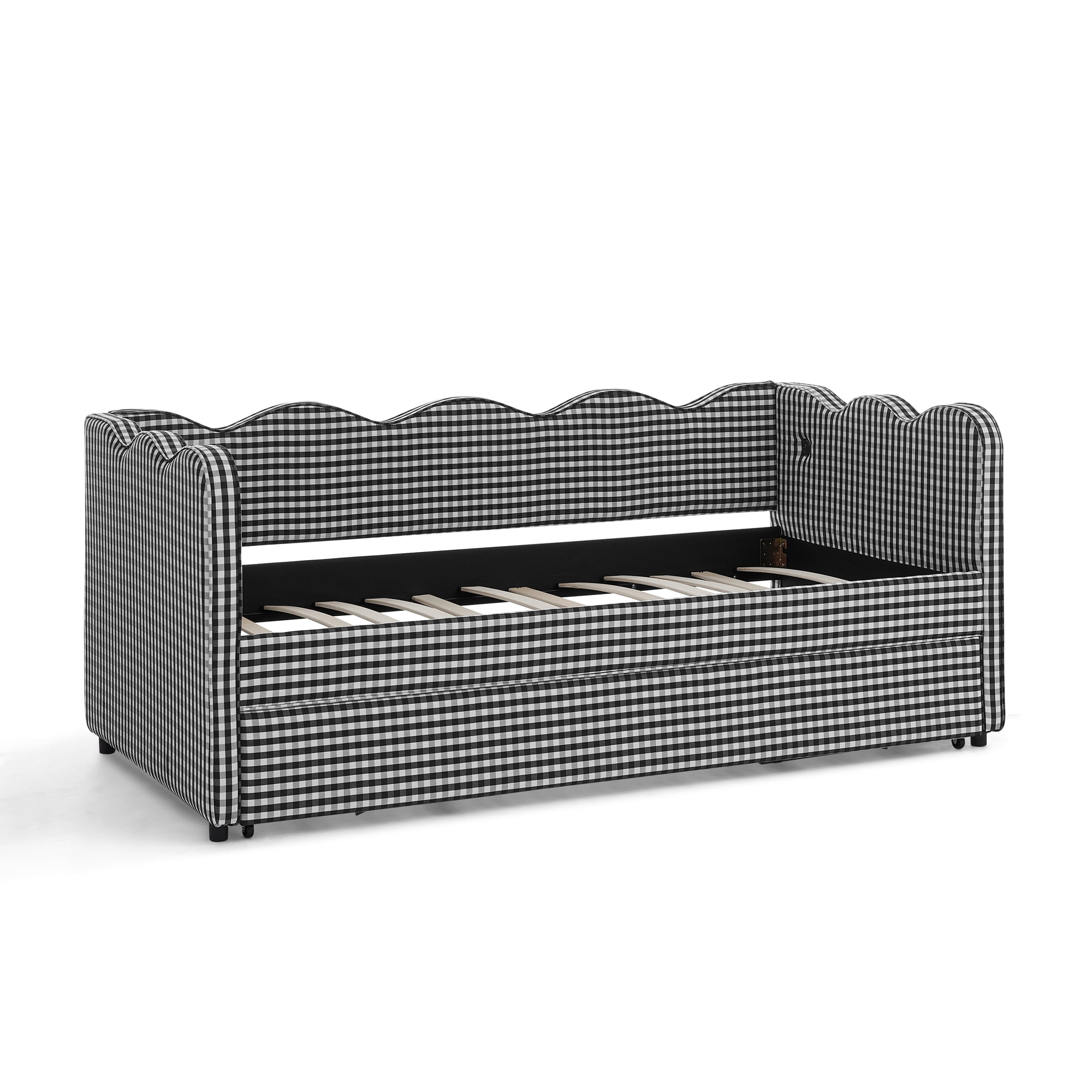 T-Serenity Gingham Daybed with Adjustable Trundle & USB Port, Wave-Shaped Twin Size Sofa Bed, No Box Spring Needed, Black