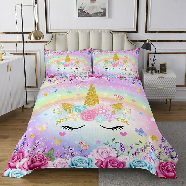 Erosebridal Unicorn Floral Coverlet Set Queen, Cartoon Animal Bedding Set, Bling Stars Decor 3-Piece