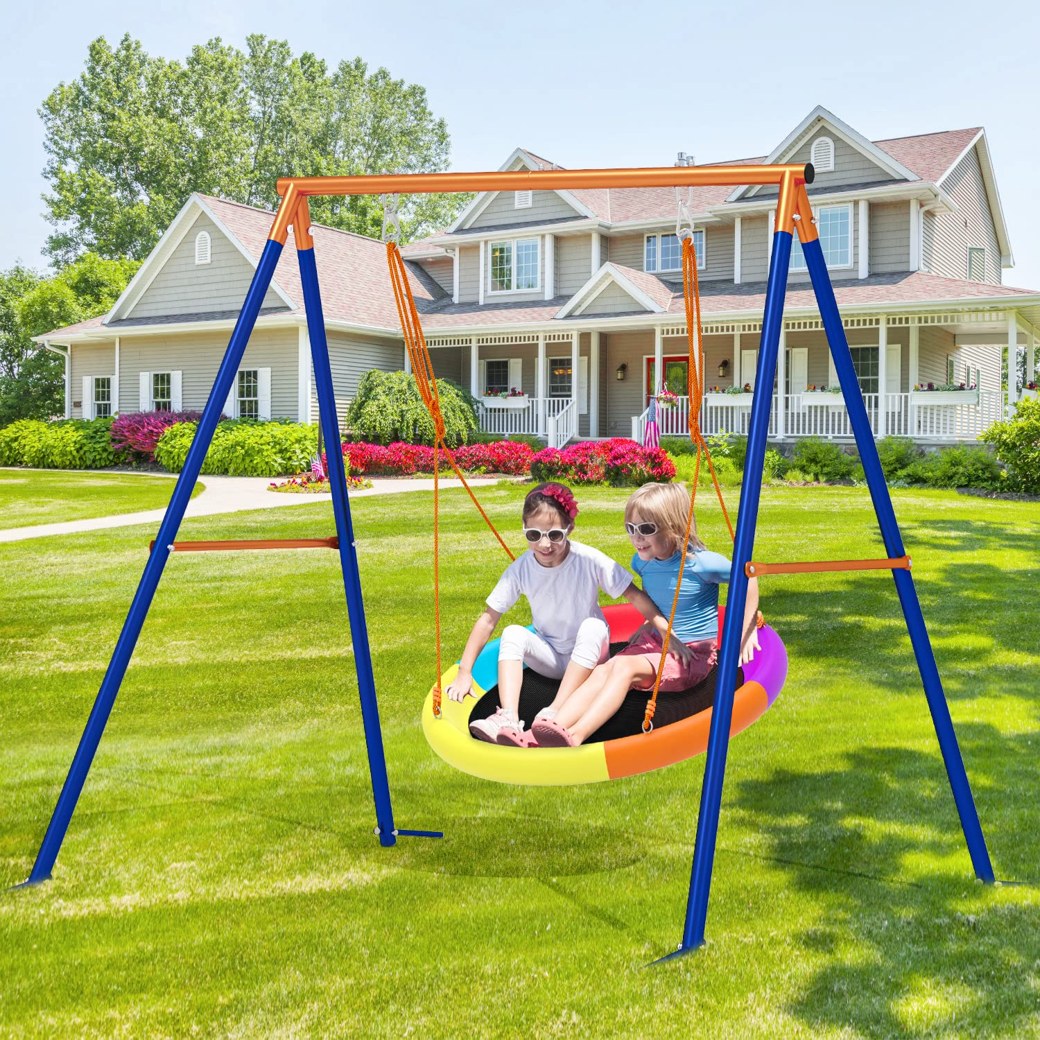 GIKPAL Saucer Swing with Stand, 440lbs Swing Set for 2-3 Kids Outdoor with  Heavy-Duty Metal Frame & Adjustable Ropes Round Swing, Rainbow