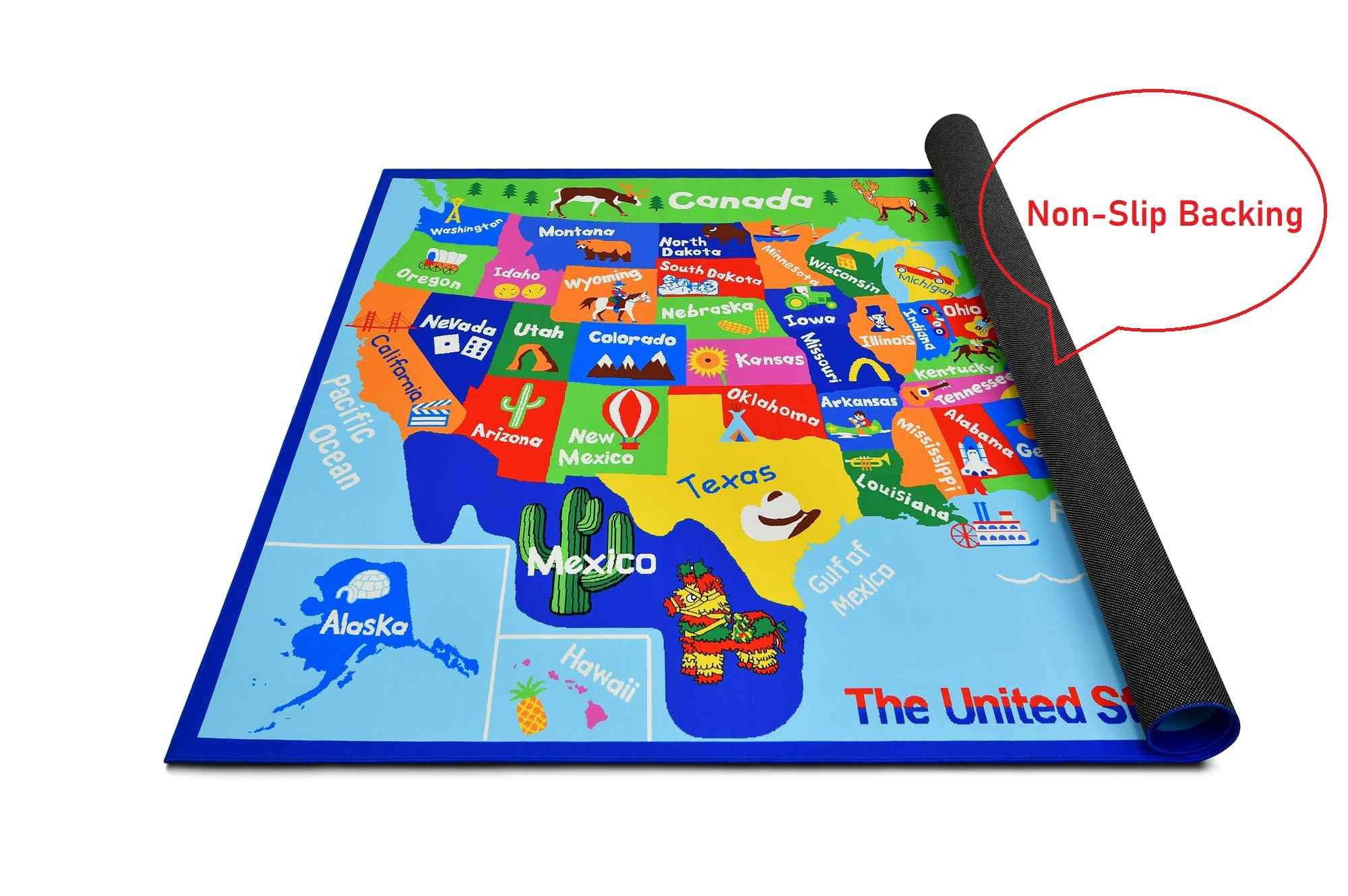 USA Map Kids Educational Play mat for School/Classroom / Kids Room/Daycare/ Nursery Non-Slip Gel Back Rug Carpet-8 by 10 feet