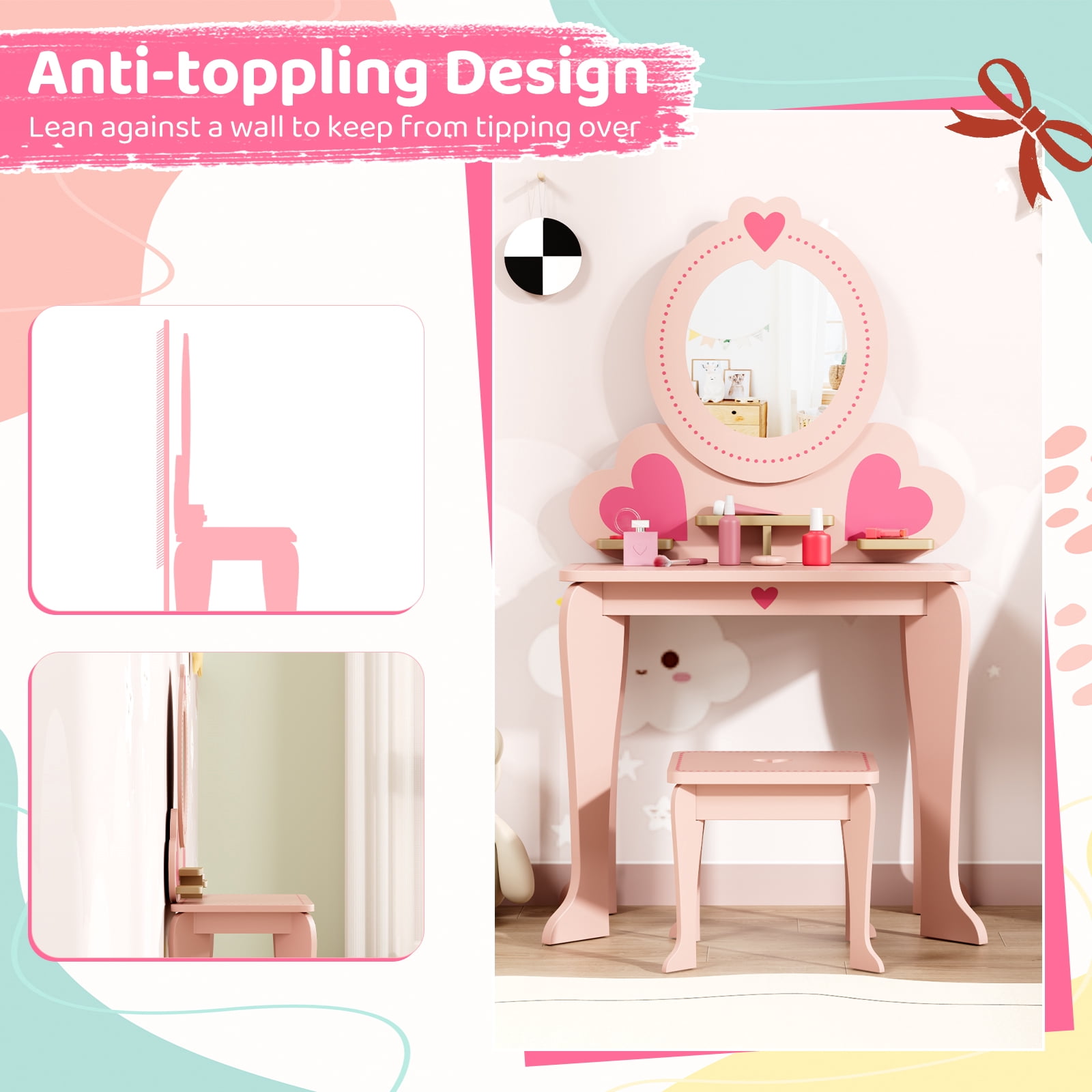Pirecart Kids Vanity Makeup Table & Chair Set Make Up Stool Play Set for Children, Toddler Makeup Toy with 8 Pcs Accessories for Pretend Play, Pink