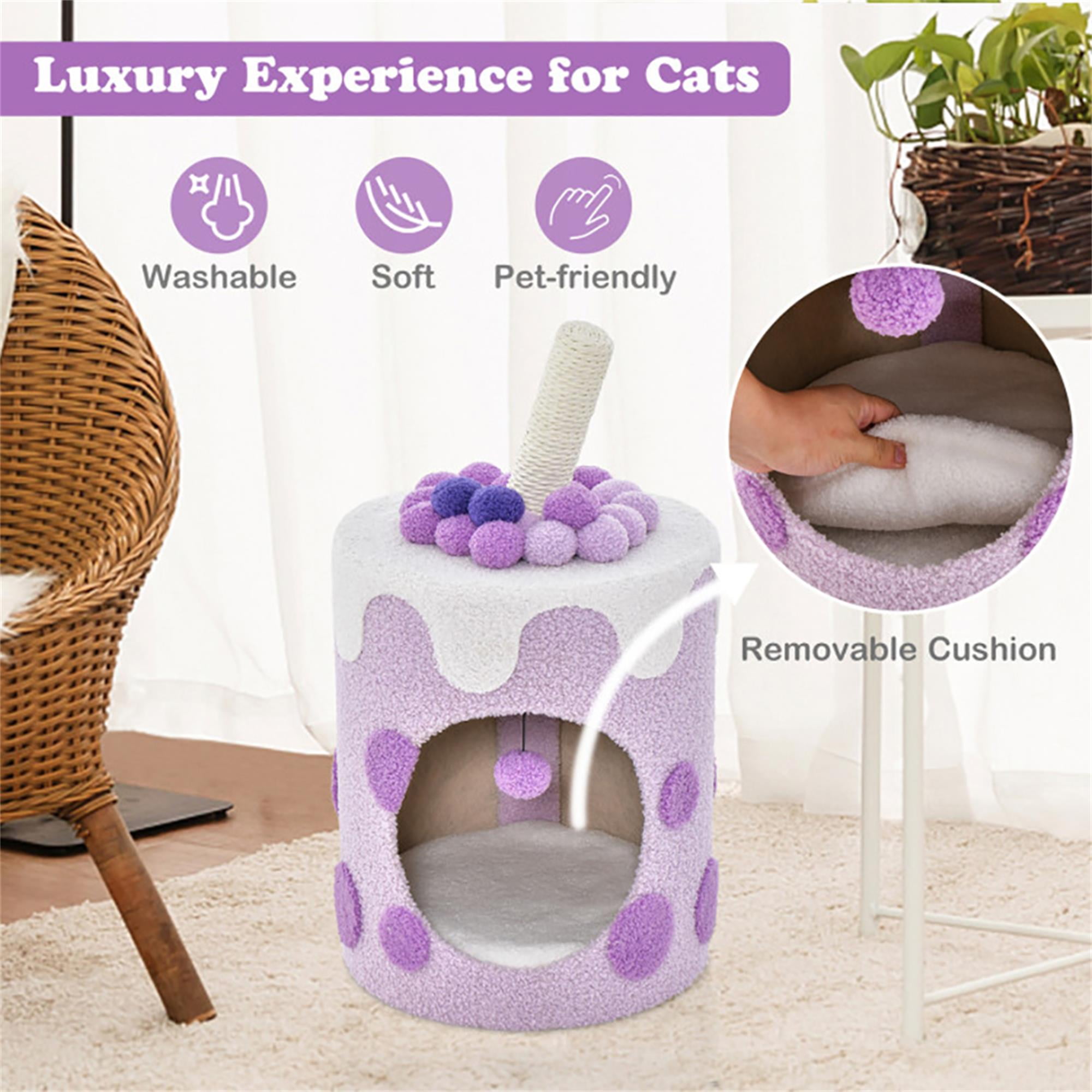 Kadyn 27" Cat Cave Bed with Scratching Post, Cat House for Indoor Cats, Modern Cat Condo Cat Nest Cute Prevents Furniture Damage Cat Shelter, Purple and White