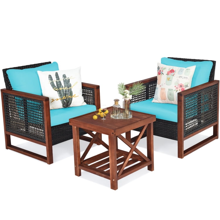 Aimee Lii 3 Pieces Patio Rattan Furniture Set with Washable Cushion and Acacia Wood Tabletop, Small Patio Set, B-Turquoise Aimee Lii 3 Pieces Patio Rattan Furniture Set with Washable Cushion and Acacia Wood Tabletop, Small Patio Set, B-Turquoise