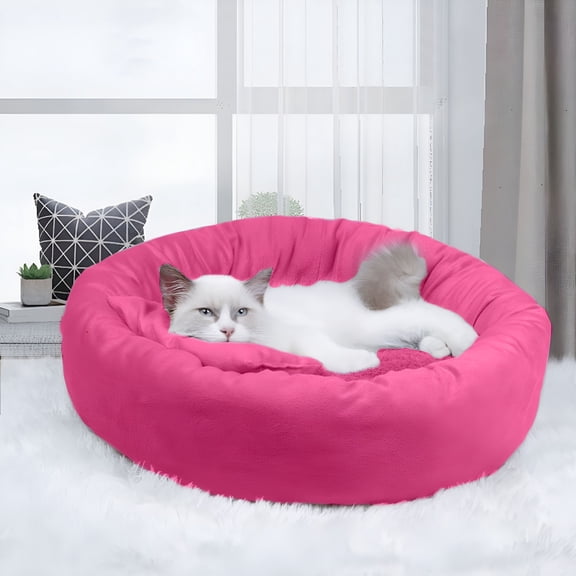 LAMIRO Dog Bed for Small Dogs, (Bed   Mat   Pillow) Round Donut Pet Bed for Puppy and Kitty, Extra Soft Calming Dog Beds with Anti-Slip Bottom, 14 Inches, Pink