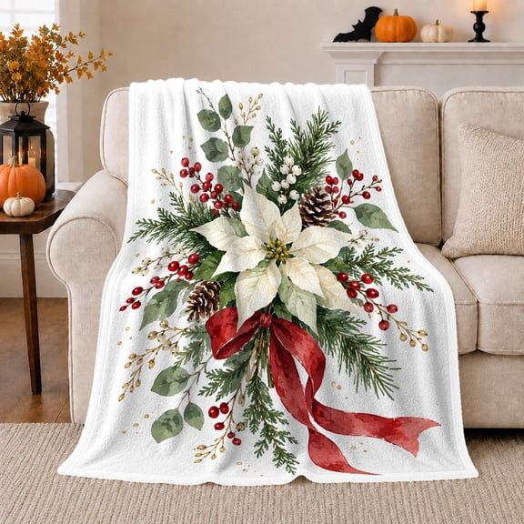 Festive Poinsettia Winter Bouquet, Festive Holiday Scene, Warm Flannel Blanket for Living Room and Family Room, Art Lovers Thanksgiving Gift, Festive Home Decor