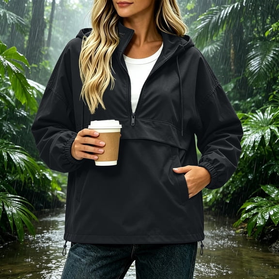 BRGZLK Womens Half Zip Rain Jacket Trendy Solid Color Long Sleeve Casual Lightweight Hiking Travel Windbreaker Fall Raincoats with Pockets Gray M