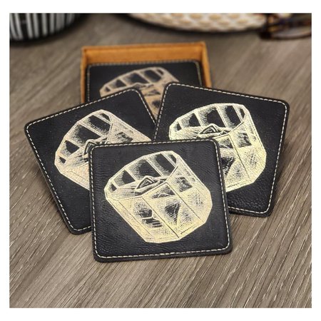 Bourbon Glass Coasters - Handmade Coasters Set of 6 - Engraved Barware Decorations - Leather Bar Decor - Man Cave Father s Day Present (Cork/Black)