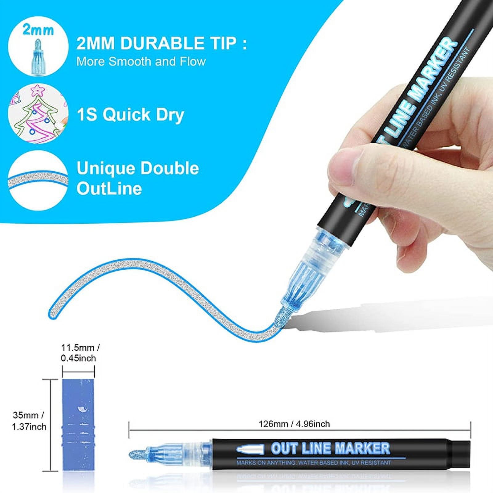 Double Line Outline Markers, 36 Colors Super Squiggles Shimmer Outline Marker Pen Set, Self Outline Metallic Markers