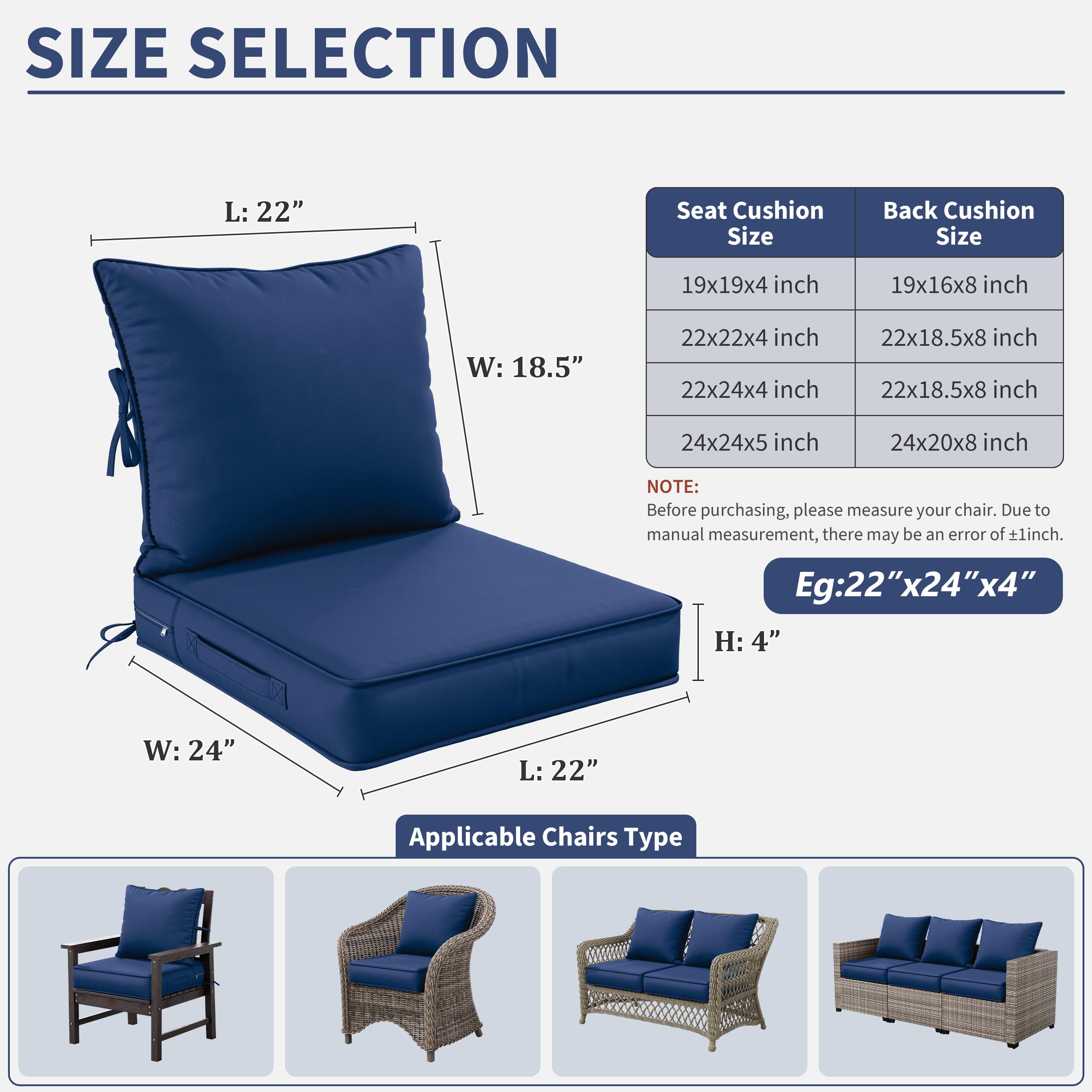 Kimunuk Outdoor Seat Cushion Set, 22" X 24" X 4" Water-Resistant & Fade-Resistant Patio Furniture Replacement Cushions with Handle and Straps for Sofa Chair, Blue