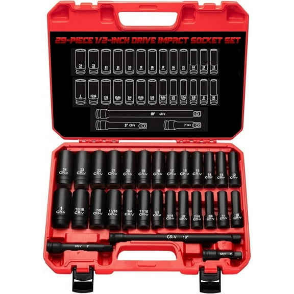 1/2" Drive Impact Socket Set 29-Piece, Cr-V-M Steel Deep Socket SAE(3/8" - 1") & Metric(10-24mm) Sizes, with Extension Bar Come with Storage Case