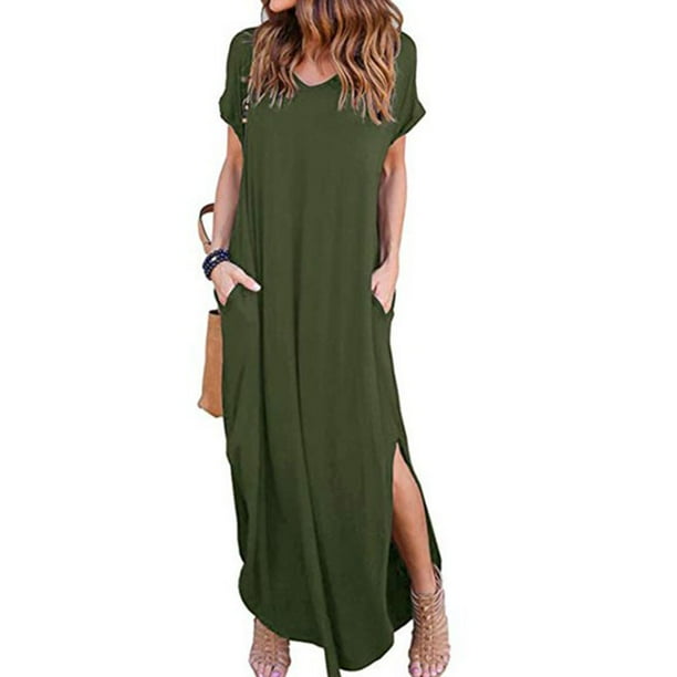 Sonducket Vestido de mujer con cuello en V Abertura Vestido largo Chica Ropa de manga corta Vestidos Verde M