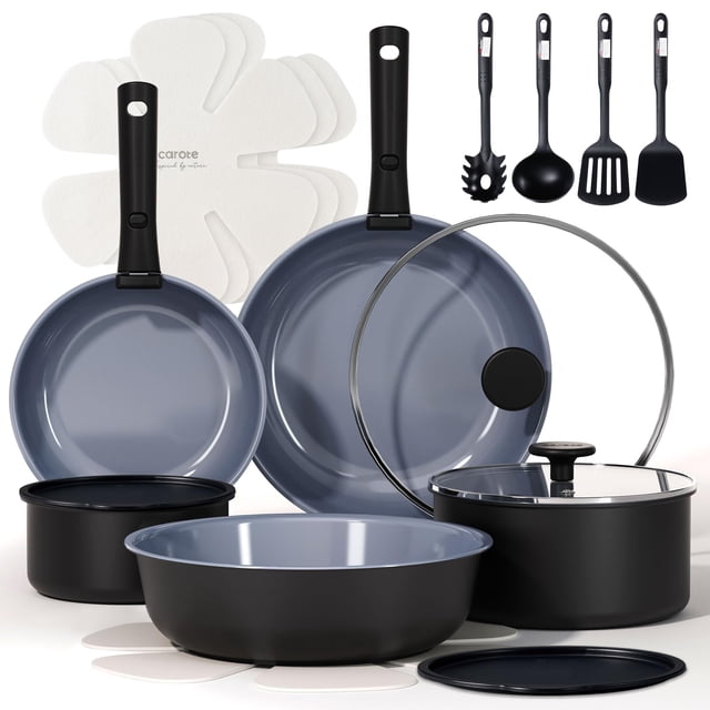 Juego de 17 piezas de utensilios de cocina de cerámica negro y gris antiadherentes no tóxicos para inducción