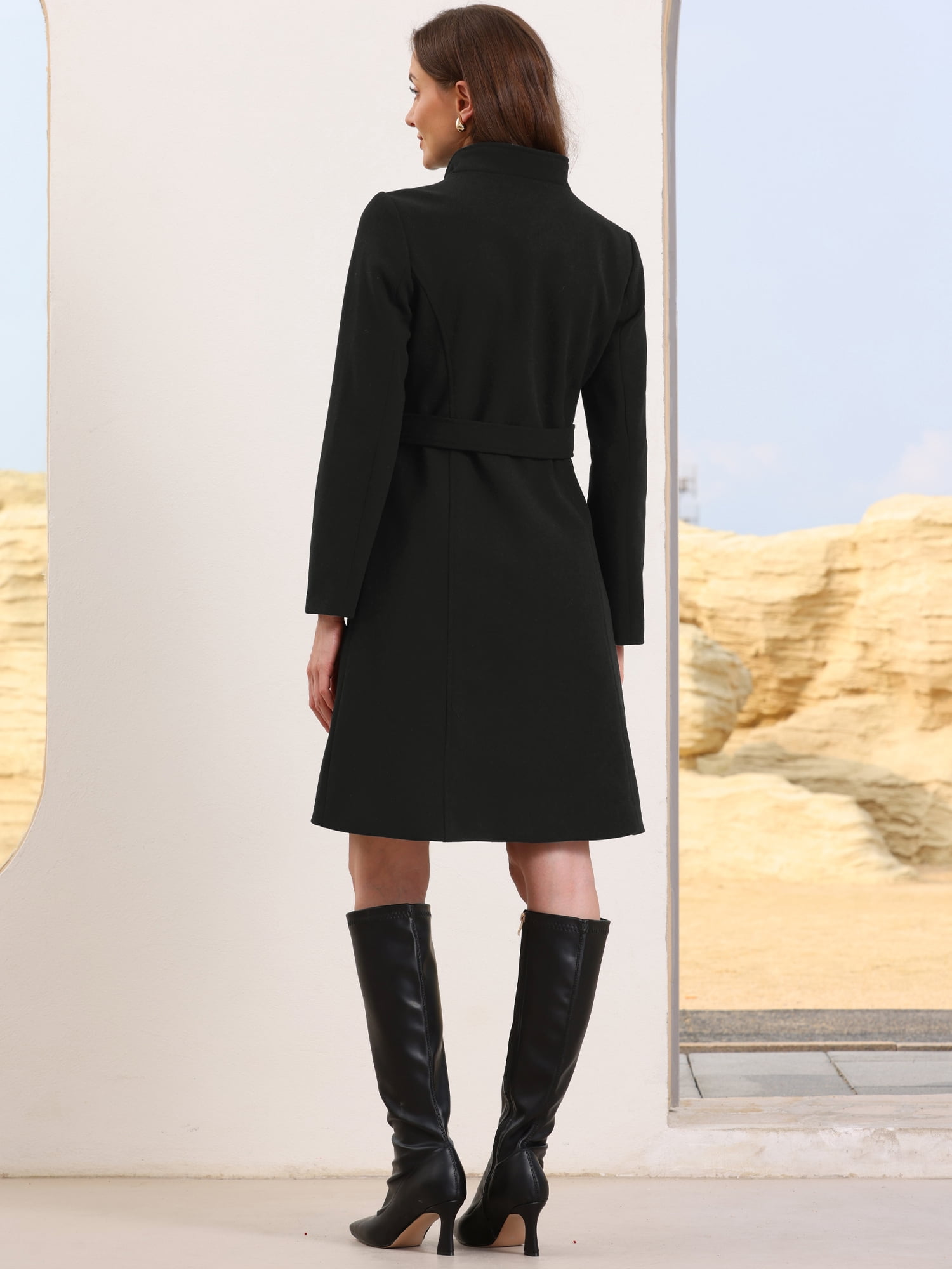 DARING DIVA Women's Stand Collar Belted Single Breasted Trench Pea Coat S Black