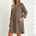 thumbnail image 3 of Bosfbaoi Linen Dresses for Women V Notch Neck 3/4 Roll Sleeve Loose A‑Line Short Dress with Side Pockets, 3 of 7