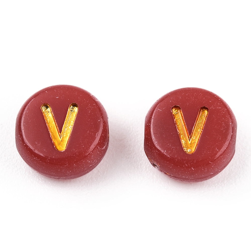 Plating Acrylic Beads Golden Metal Enlaced Horizontal Hole Flat Round with Letter Chocolate 6.5~7x3.5~4mm Hole: 1.6mm about 3600g/500g
