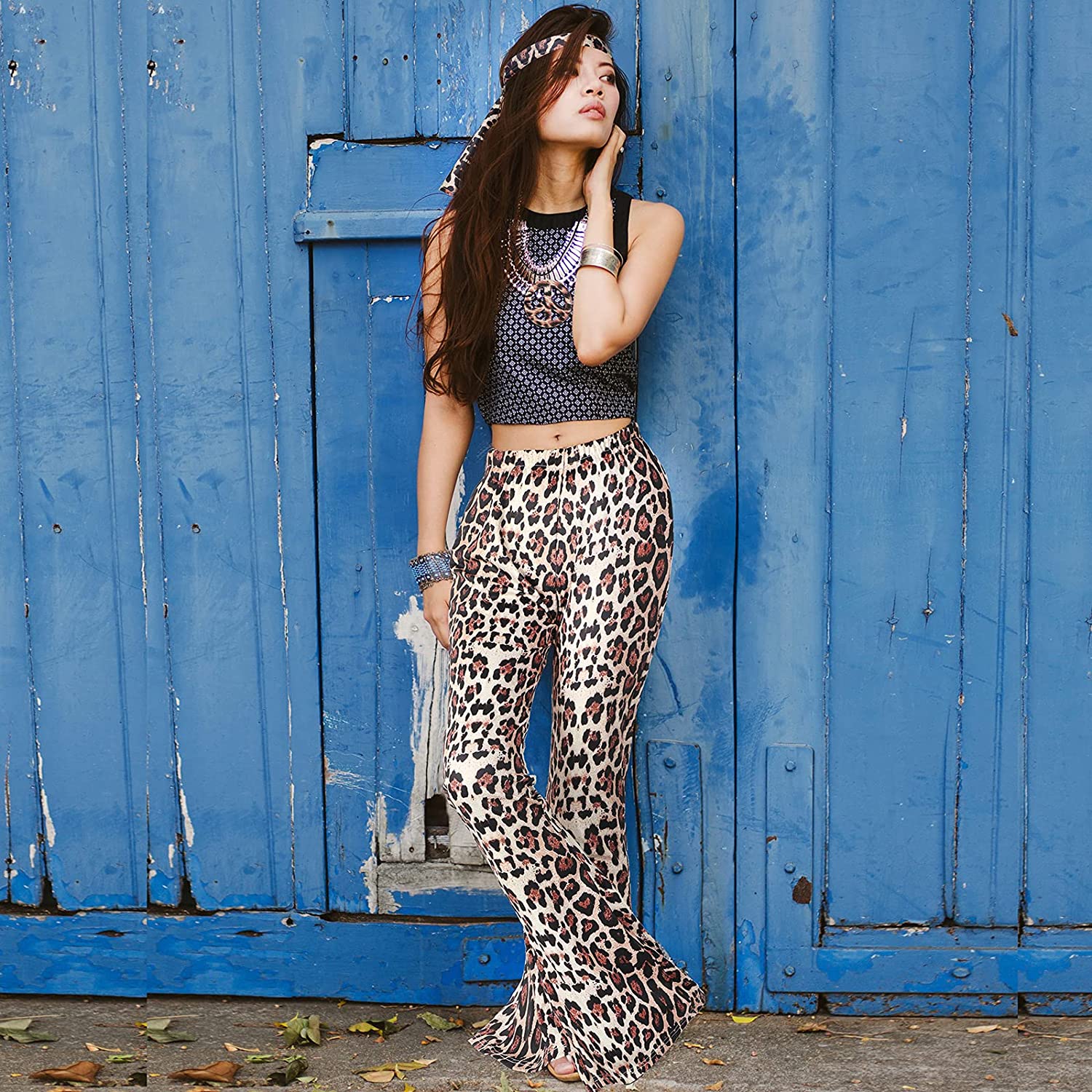 70s Women Hippie Costume Set Leopard 