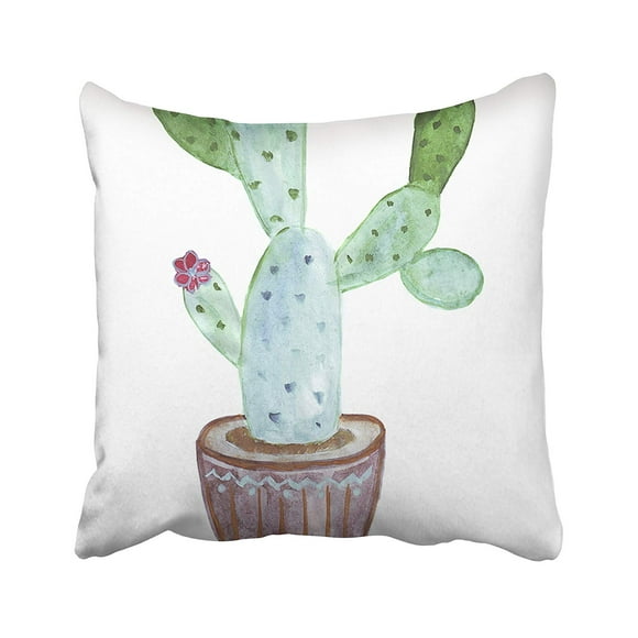 BOSDECO Prickly Pear Cactus With Lots Flat Leaves With Thorns And Flowers In Watercolor Pillowcase Pillow Cushion Cover 18x18 inches