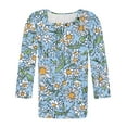 thumbnail image 5 of Njagoc3 Womens Yellow & Blue Floral Print Crew-Neck Top, Lightweight Rayon Blend, 3/4 Sleeves, Summer Outdoor Events, Casual Errands & Beach Trips, 5 of 6