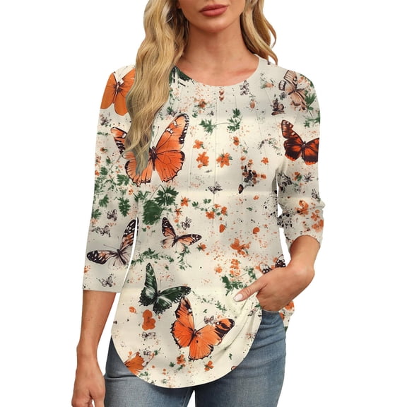 SHE IS Womens 3/4 Sleeve Tops, Floral Shirts for Women 2025 Womens Long Sleeve Tops Dressy Casual White 3/4 Length Sleeve Womens Tops Plus Size Fall Loose Fitting Basic Tees for Women