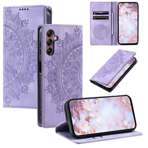 Decase for Samsung Galaxy A05S Wallet Phone Case with Credit Card Slot,Premium PU Leather Magnetic Flip Wallet Stand Emboss Flower Pattern Shockproof Anti-Fall Full Body Protection Cover,Purple
