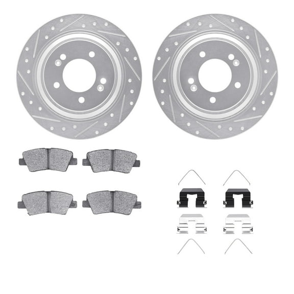 Dynamic Friction Company Rear Brake Rotors-Drilled and Slotted-Silver with 5000 Advanced Brake Pads includes Hardware 7512-21044