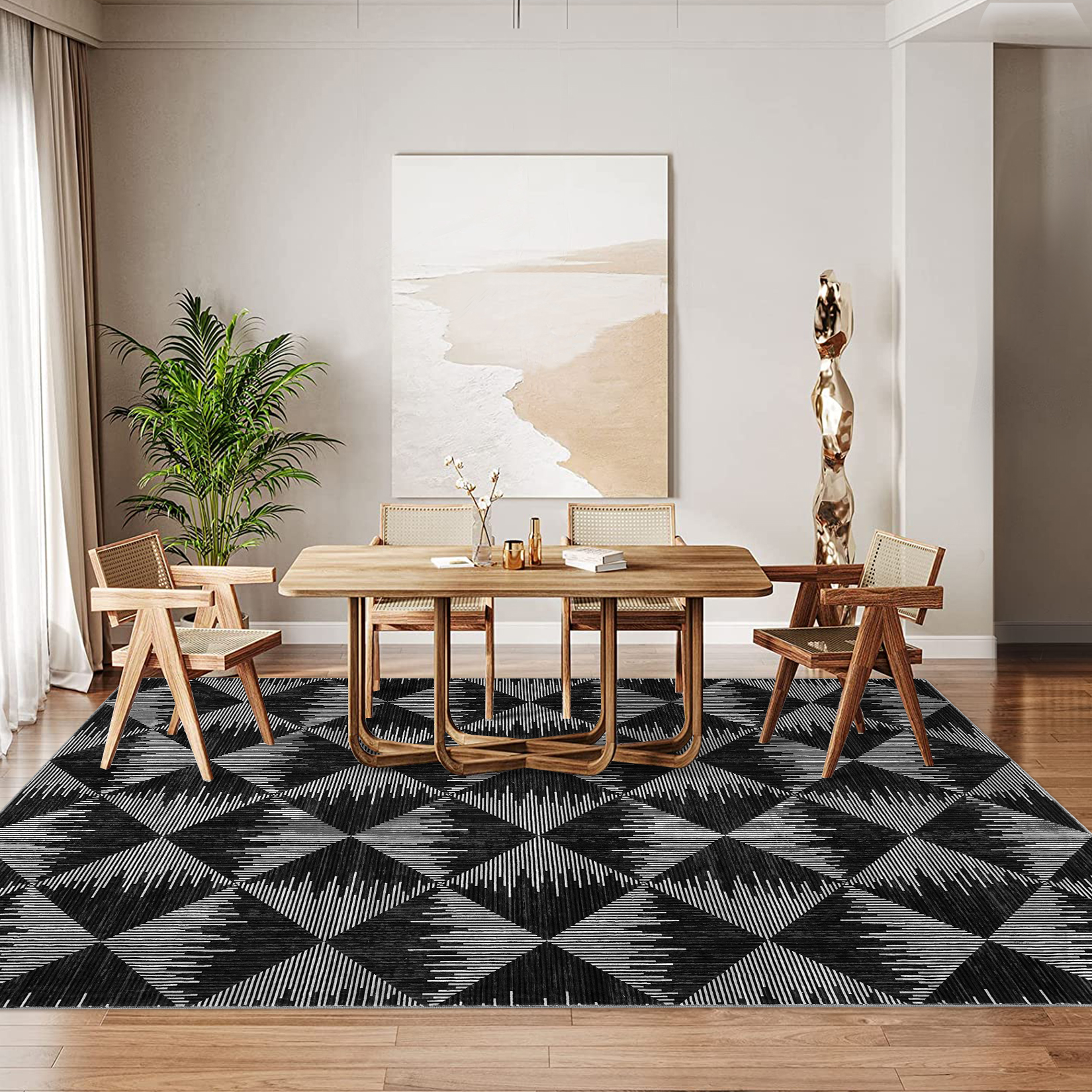 10x13 Washable Area Rugs for Living Room Non Slip Low Pile Modern Geometric Farmhouse Dining Room Carpets for Bedroom Dorm Black