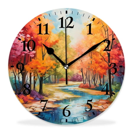 14 Inch Wall Clock Battery Operated Silent Clock Decorative for Office, Kitchen, Outdoor, Living Room，Vintage Oil Painting Maple Trees Autumn Fall Image