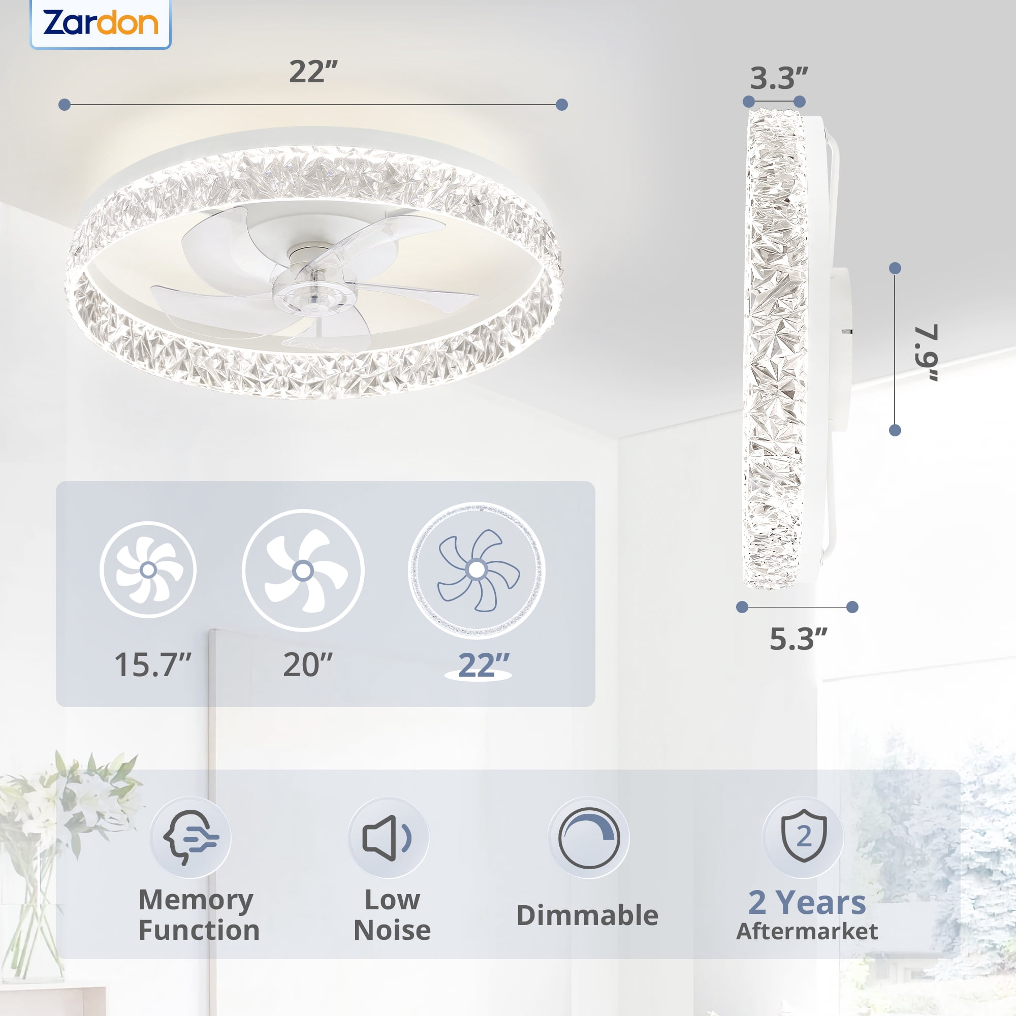 Zardon 22" Modern Ceiling Fan with Light Kit, Remote & App Control – Low Profile Ceiling Fan for for Bedrooms, Kitchens, Living Rooms-White