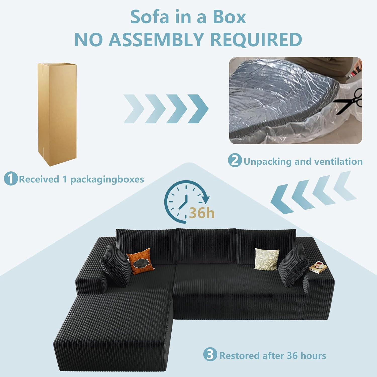 ODUWA 96" L-Shaped Sectional Sofa with Chaise, Corduroy Upholstery, No Assembly, Black