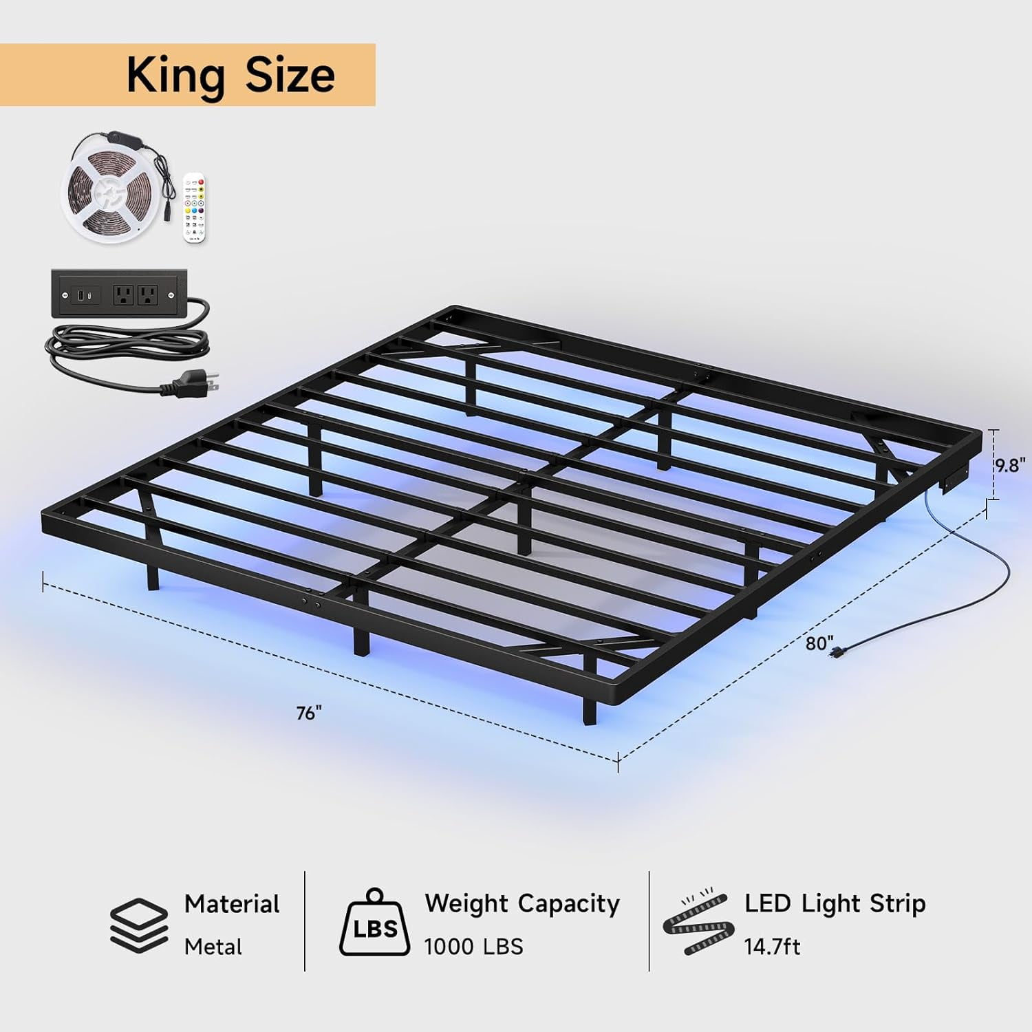 King Size Floating Bed Frame with USB Charging Station and Smart LED Lights, Heavy Duty Metal Platform Bed with Underbed Storage Space, Easy to Assemble, Noise-Free, No Box Spring Needed
