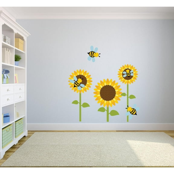 Bumblebee Bee Bees Sunflowers Animal Decors Wall Sticker Art Design Decal for Girls Boys Kids Room Bedroom Nursery Kindergarten House Fun Home Decor Stickers Wall Art Vinyl Decoration (20x12 inch)