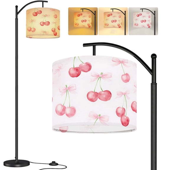 Arc Floor Lamp Pink Watercolor Cherries Ribbon Bow Tall Modern Standing Lamp LED Adjustable Linen Lampshade 3 Color Temperatures