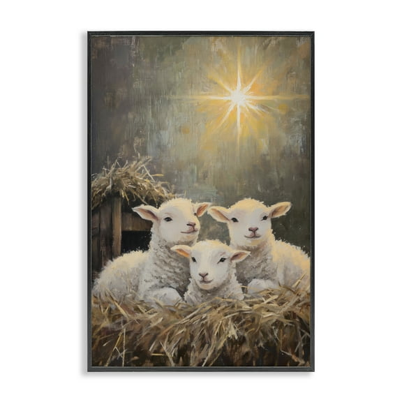 Festive Lambs in Stable Black Framed Giclee Art, design by Petal Prints Design