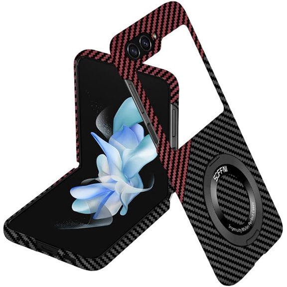 Magnetic Case for Samsung Galaxy Z Flip 6 Case with Kickstand & Ring Holder, [Compatible with MagSafe] Carbon Fiber Slim Ultra Aramid Fiber Anti-Scratch Shockproof Case, Black&Red