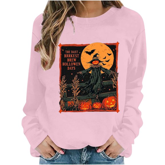 Qingpeng Womens Halloween Sweatshirt Crew Neck Fashion Cute Long Sleeve Fleece Crewneck Sweatshirt for Holiday Wear