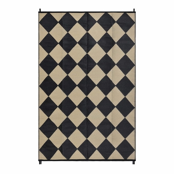 EastVita 9 x 18 Pi (Taille Réelle) Plastique Noir Brun Foncé Rectangulaire Plage avant Vérandas Patio Pique-Nique VR Camping Garage Géométrie Tapis Moderne