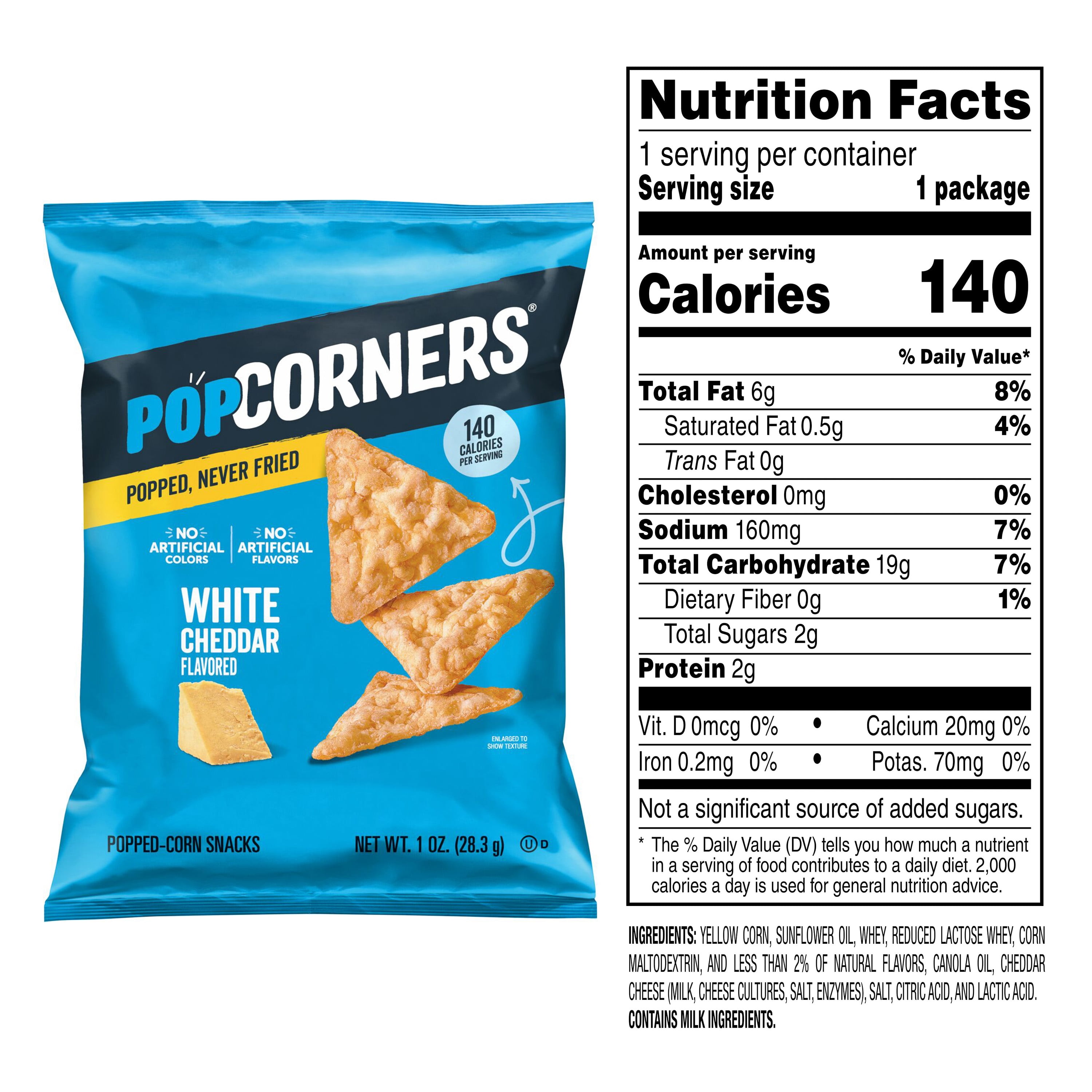 PopCorners Popped Gluten Free Corn Snacks, White Cheddar, 1 oz Bags, 20 Count