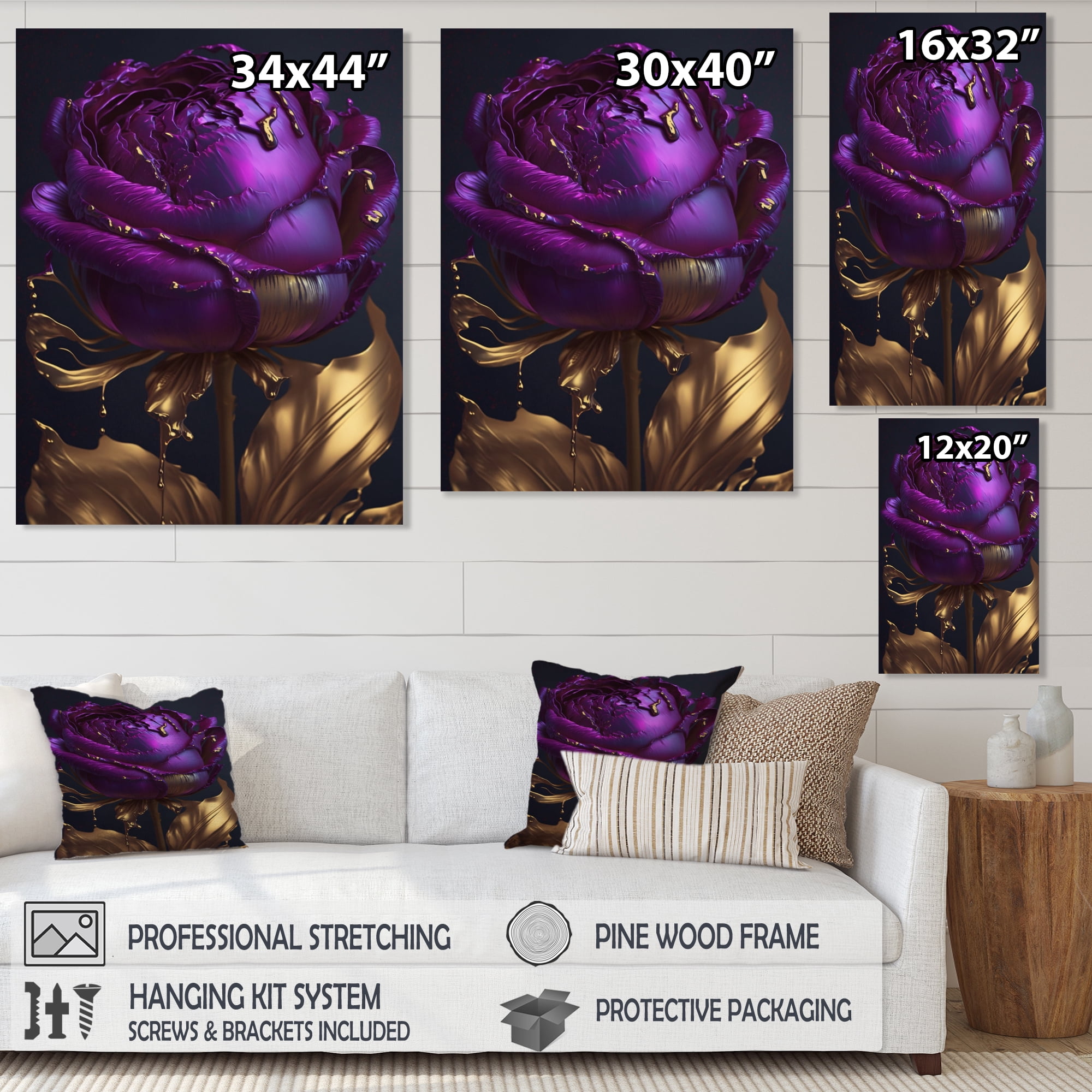 Designart Purple Peony Liquid Gold III Canvas Wall Art