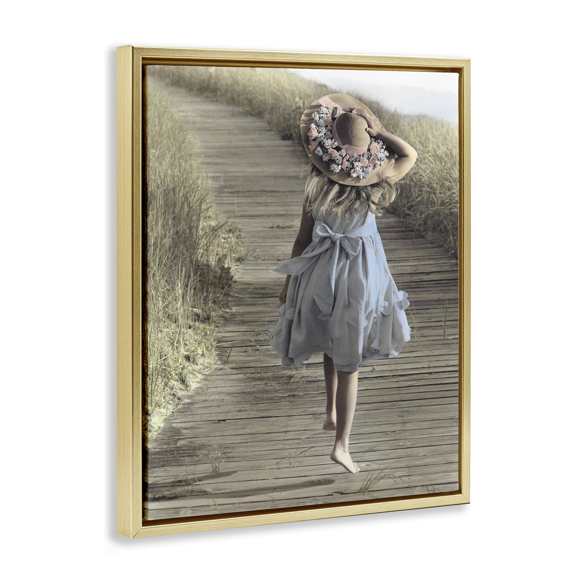 Stupell Industries Girl With Sun Hat Walking Gold Framed Floater Canvas Wall Art, design by Kendra Dew
