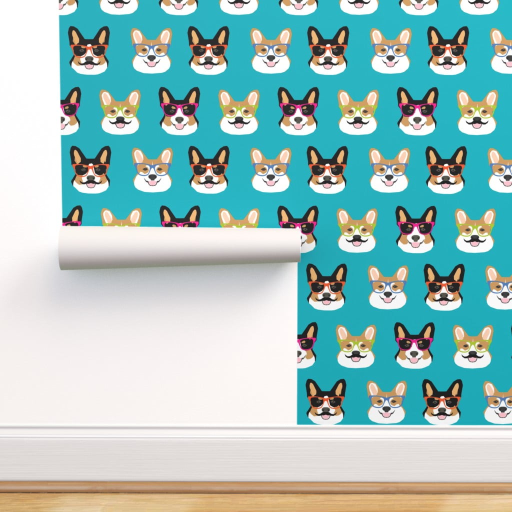 Commercial Grade Wallpaper Swatch - Corgi Glasses Cute Dogs Pet Mustache  Corgis Hipster Traditional Wallpaper by Spoonflower 