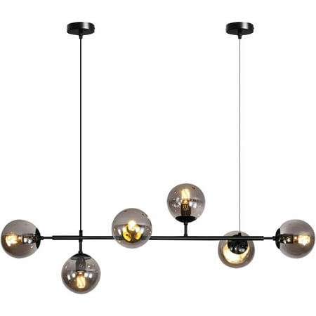 

JSTCL Lighting 6-Light Mid Century Modern Rectangle Sputnik Chandelier Black Farmhouse Linear Chandelier Glass Globe Pendant Light Vintage Kitchen Island Lighting (Black+Smoke Gray)