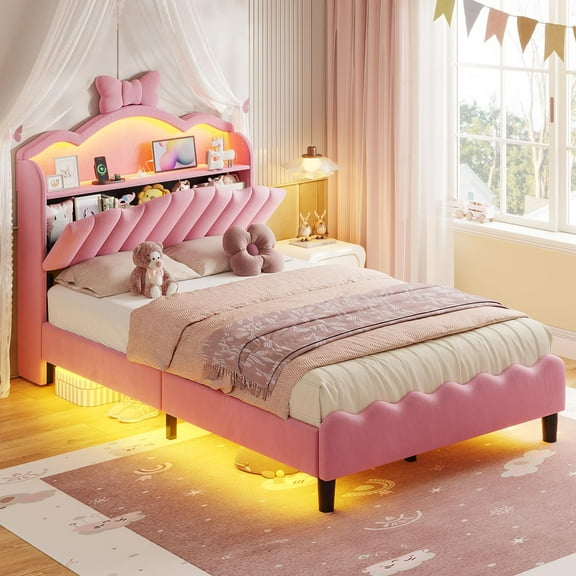 Afuhokles Twin Upholstered LED Bed Frame with Storage Headboard, Velvet Platform Bed with Charging Station, Pink