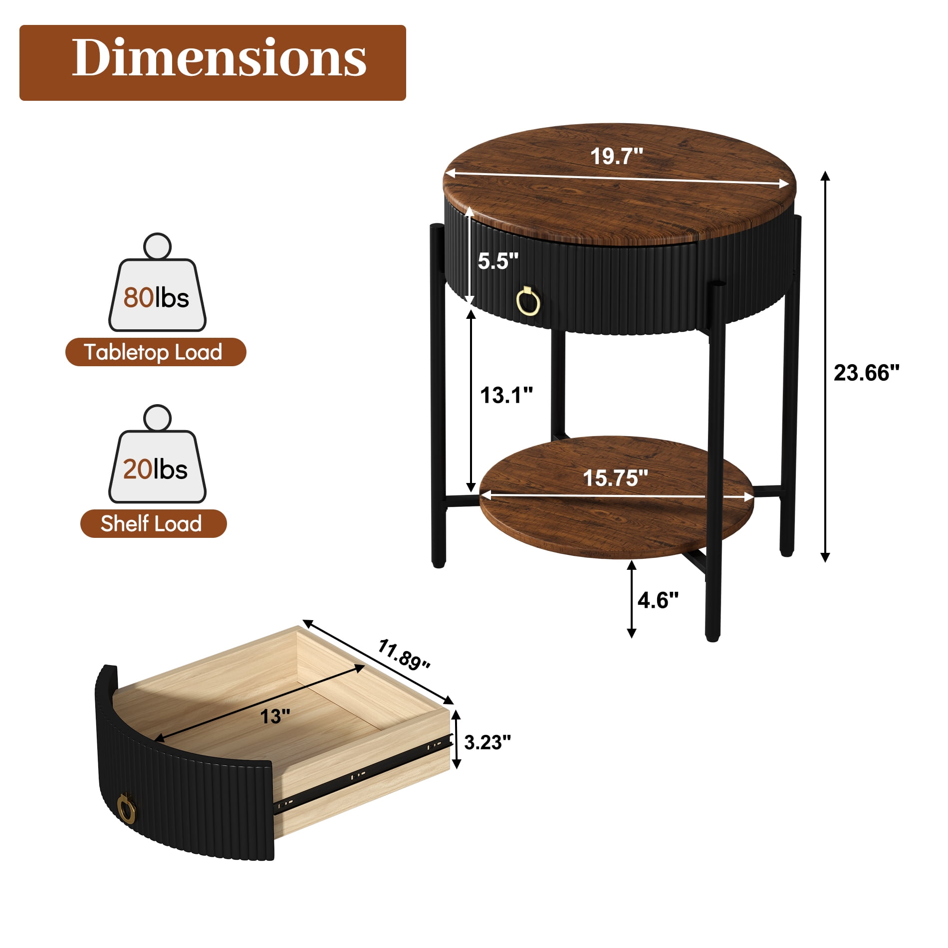 ASYA Black Metal End Table with Drawer, 2-Tier Wooden Nightstand, Round Side Table for Living Room Bedroom, 23.6'' H