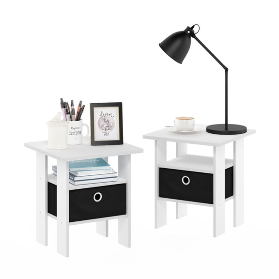 Furinno Andrey Set of 2 Side Table, White 2-Tier End Table, Open Shelf & Storage Bin Night Stand, Bedside Table for Living Room, Bedroom, Home Office, Plain White/Black