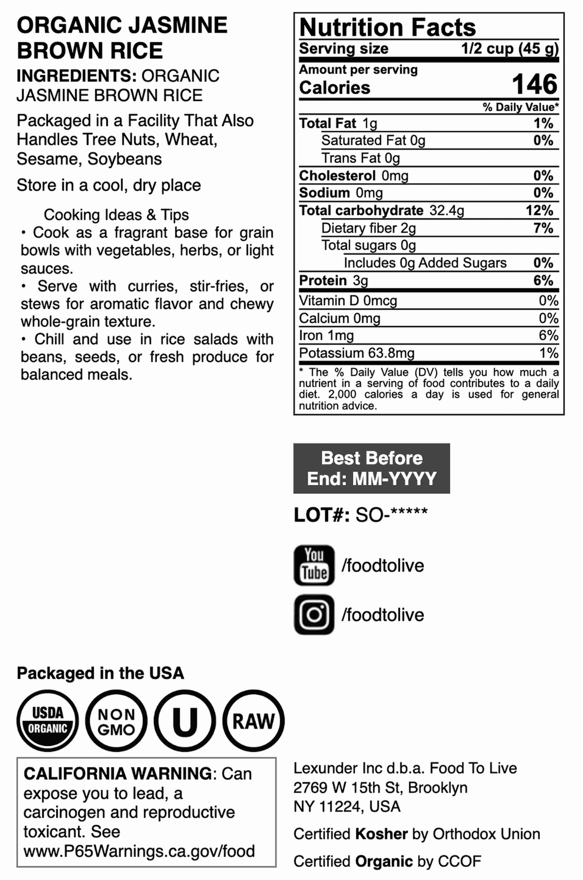 Organic Jasmine Brown Rice, 8 Pounds — Non-GMO, Raw, Vegan, Kosher — by Food to Live