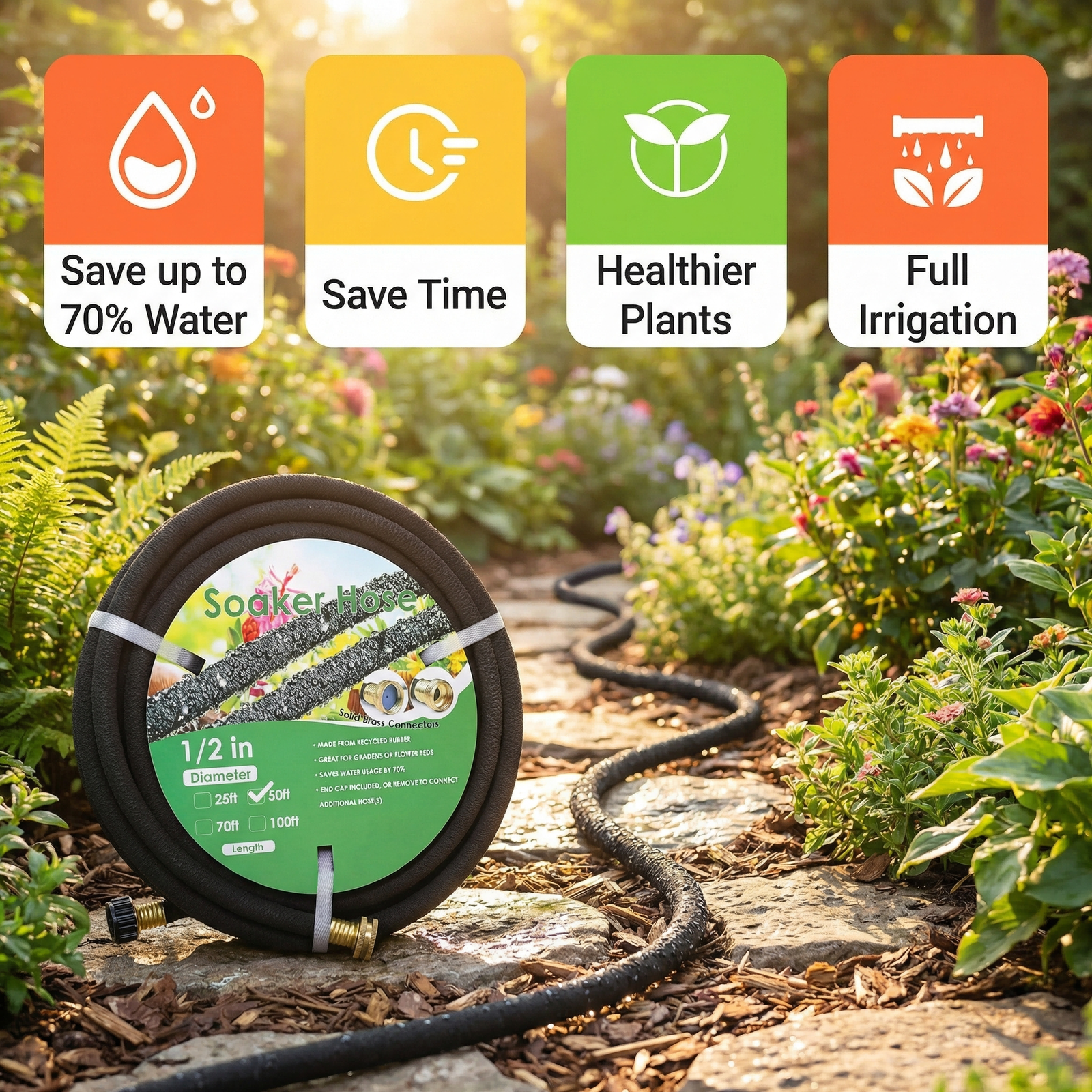 LIFERUN Soaker Hose 50 ft 1/2", Rubber, Solid Brass Connectors, Heavy Duty Drip Hose to Save 70% Water, for Garden, Lawn and Yard