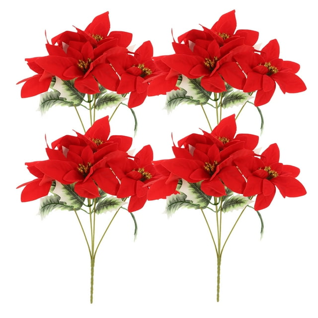 CIMAXIC Bouquet de 4 Fleurs Artificielles de Poinsettia de Noël avec Tiges Rouges Vibrantes pour Décorations de Noël Intérieur Centre de Table de Fête, 12,2"X8,66"X6,69 Pouces